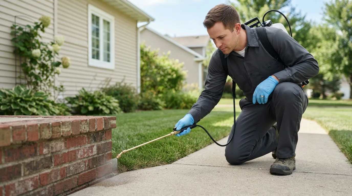 Pest control technician treating a home near Delavan, MN