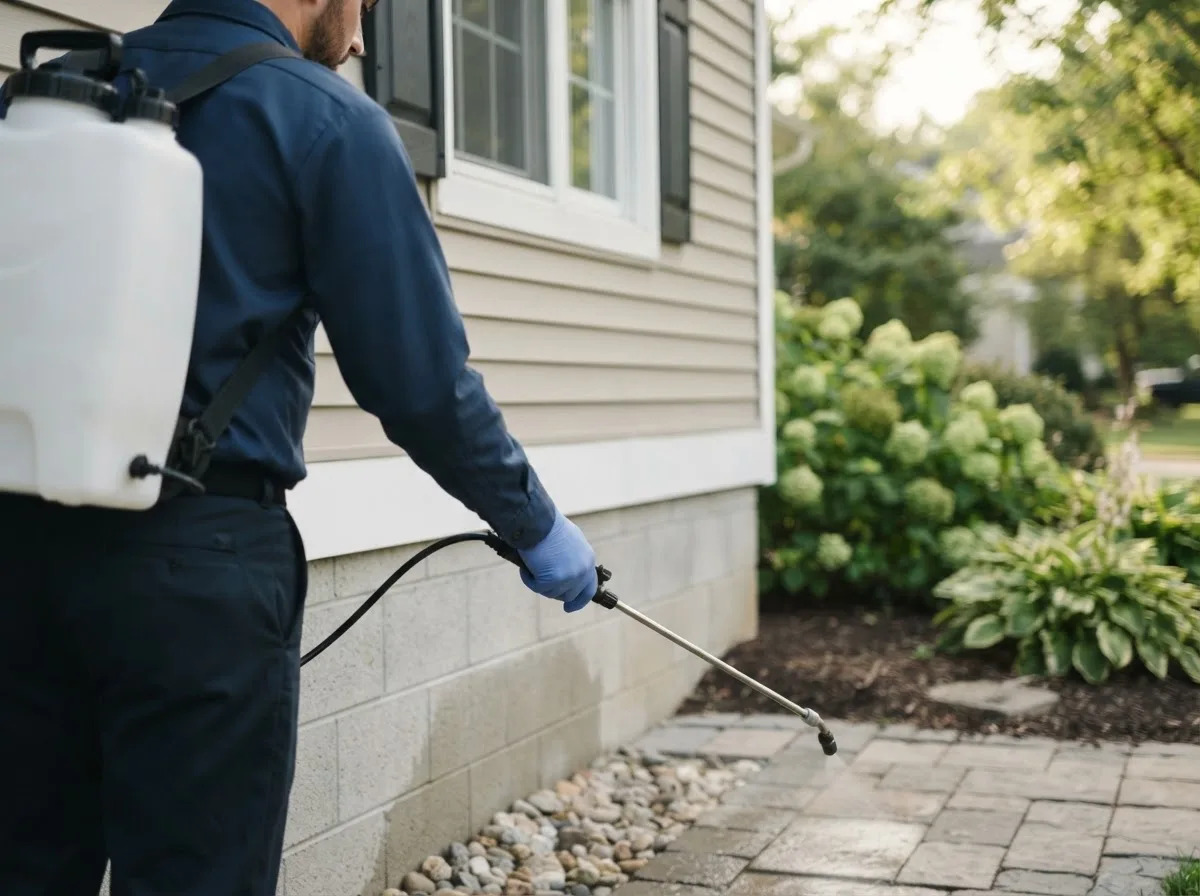 Pest control technician inspecting a home in Delavan, MN